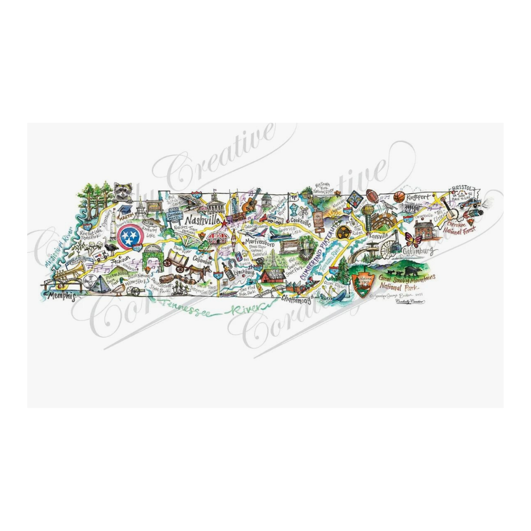Illustrated Tennessee State Map Watercolor Print