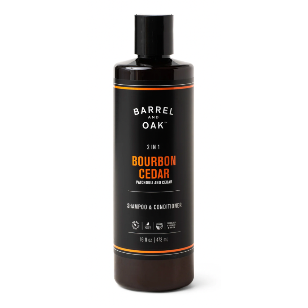 16 fl oz of 2-In-1 Bourbon Cedar scented Shampoo.