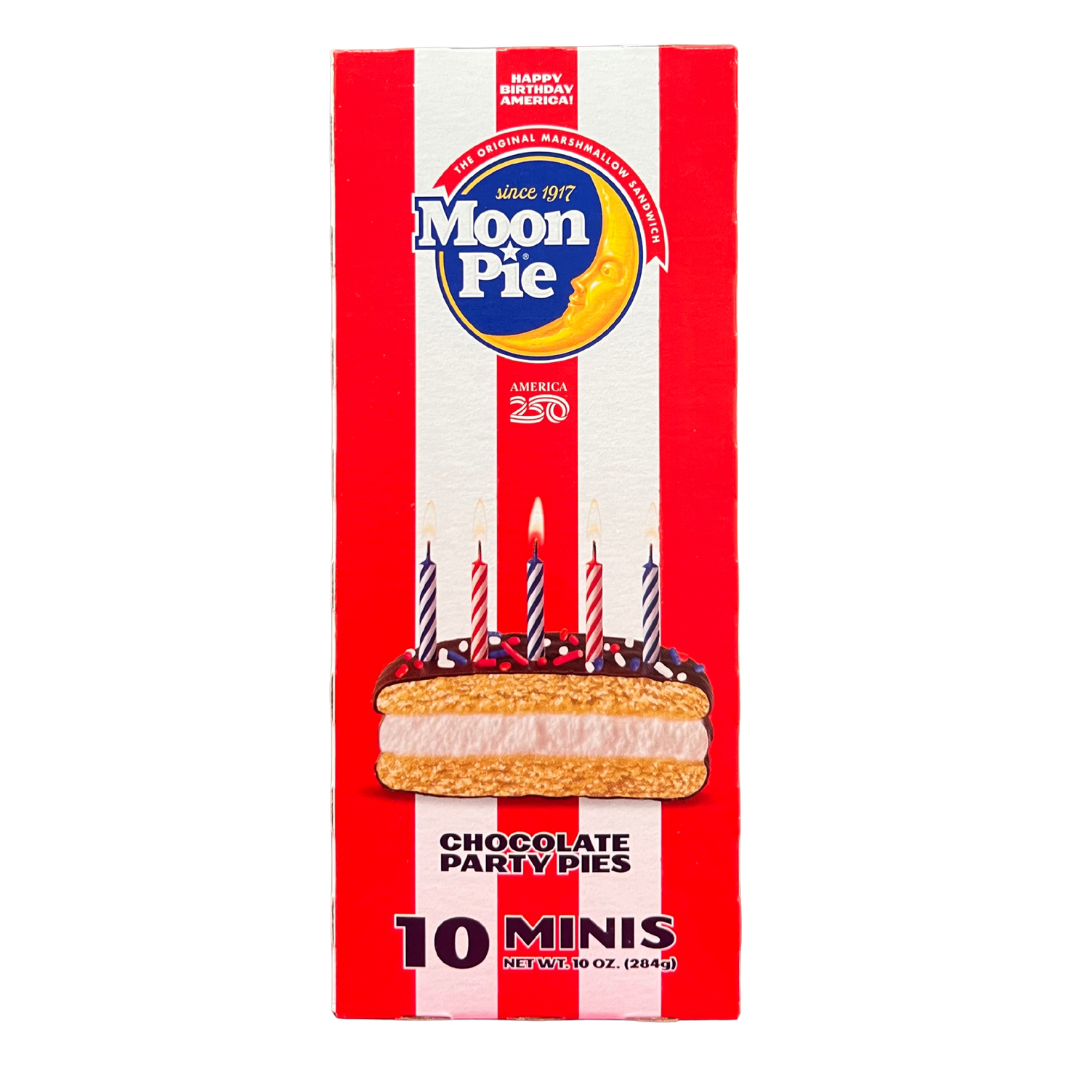 Limited edition box of 10 mini chocolate birthday moonpies. 