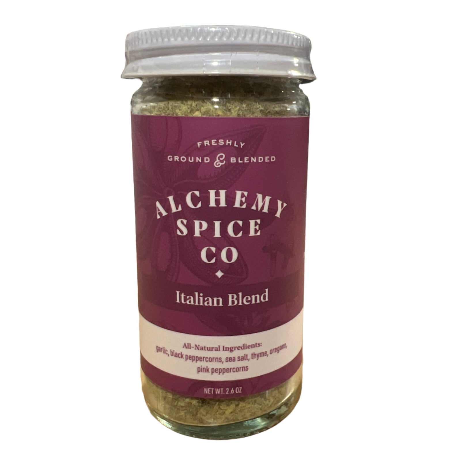 Italian Blend seasoning. Has a dark red label and lists the all-natural ingredients. White lid. Contained in a clear bottle.