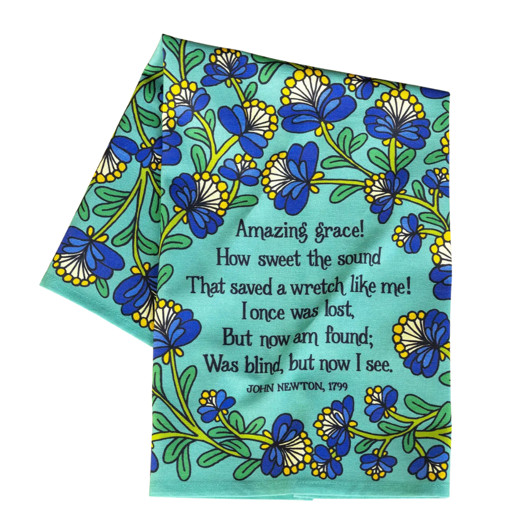 cotton kitchen towel floral design and hymn song lyrics.