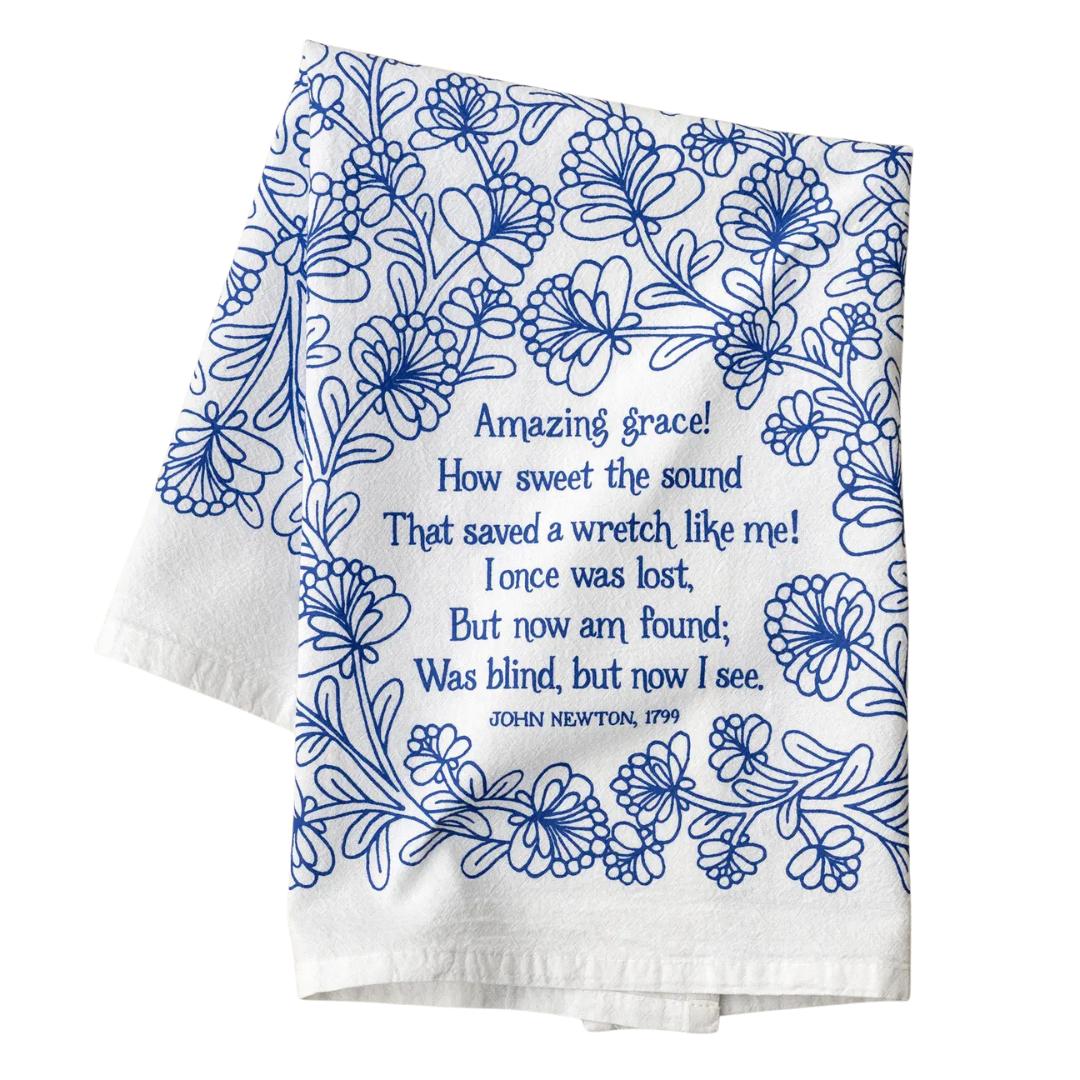 cotton kitchen towel floral design and hymn lyrics.