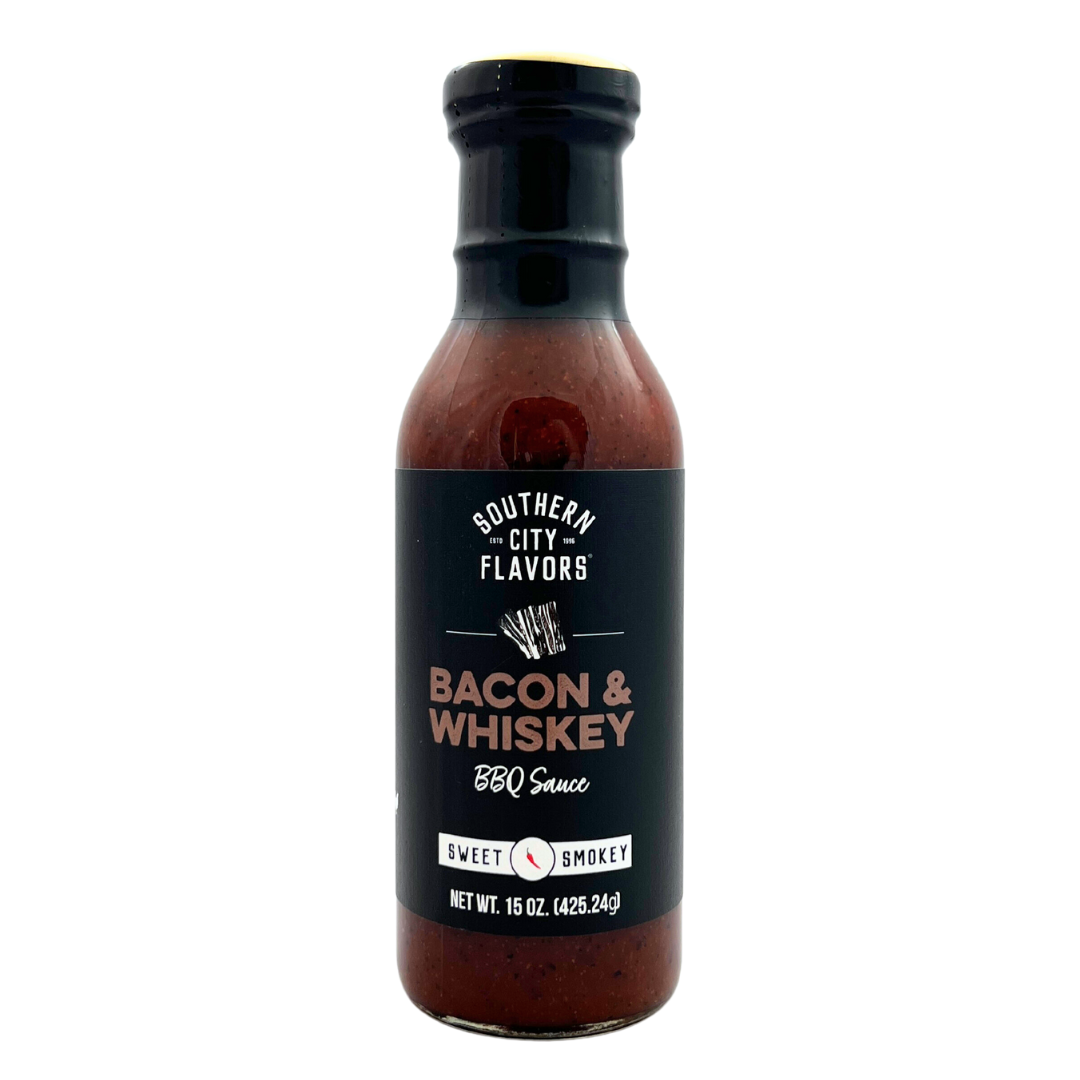 Glass bottle of bacon and whiskey bbq sauce. 15 oz.