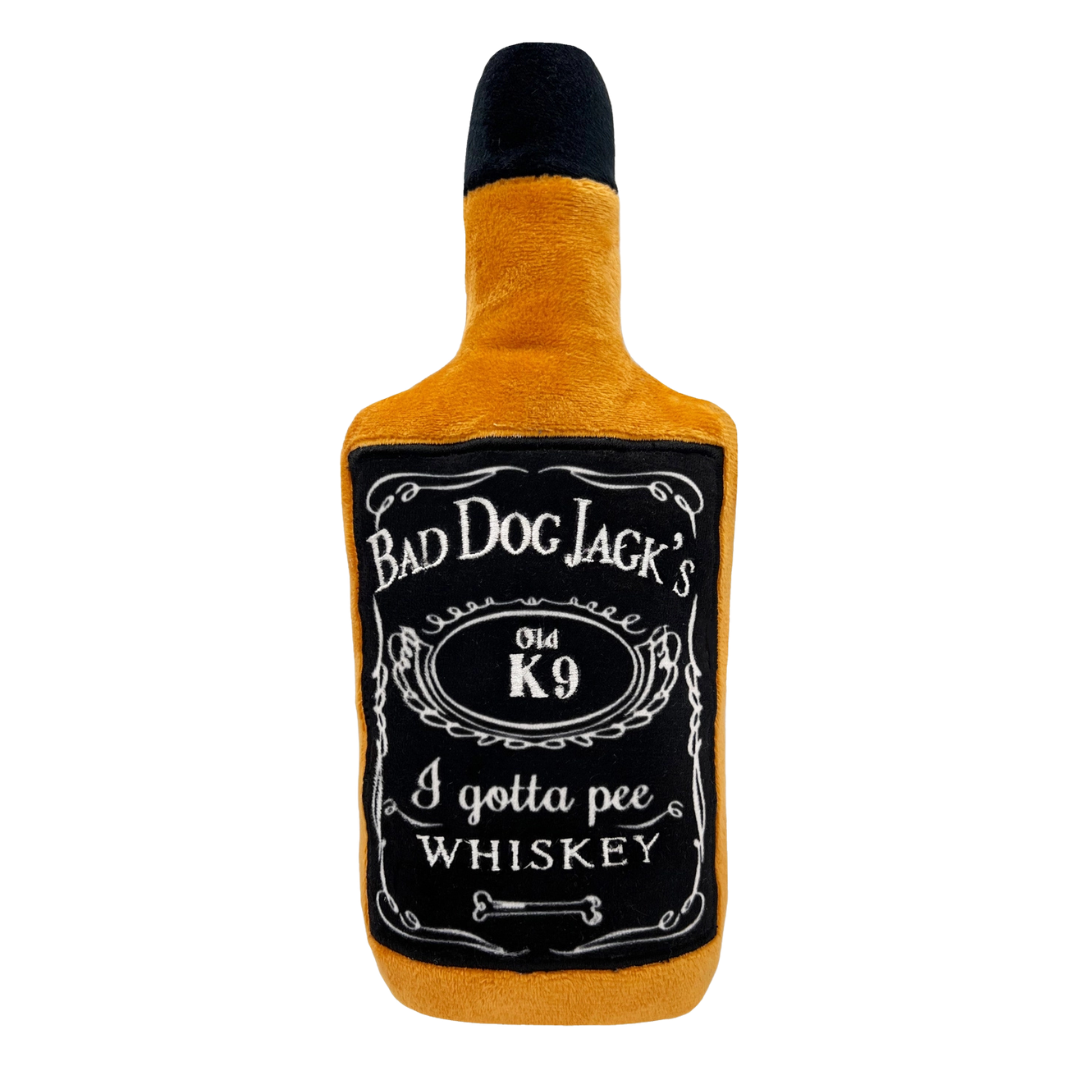 Plush dog toy shaped like a Jack Daniels Whisky Bottle. 