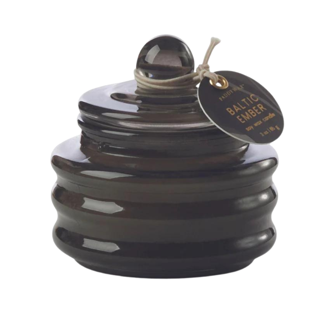 "Baltic Ember" by Paddywax. 3 oz. Comes in a small black glass jar with lid.