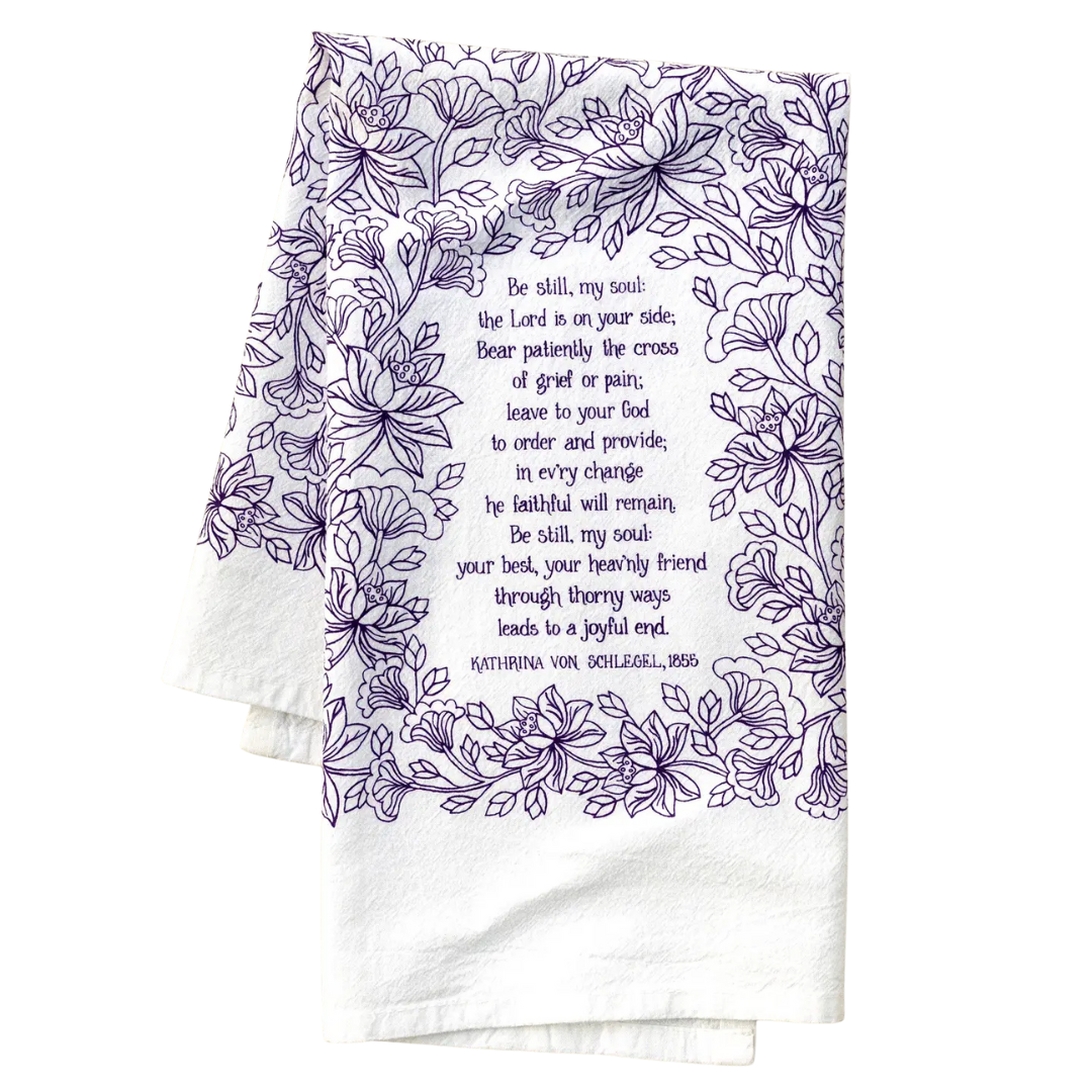 cotton kitchen towel floral design and hymn lyrics.