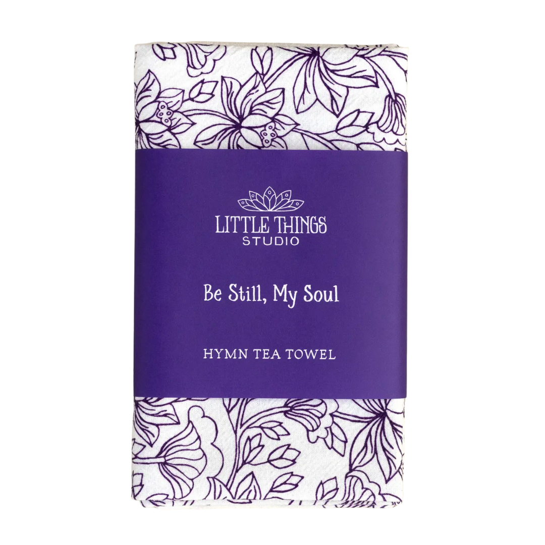 cotton kitchen towel floral design and hymn lyrics.