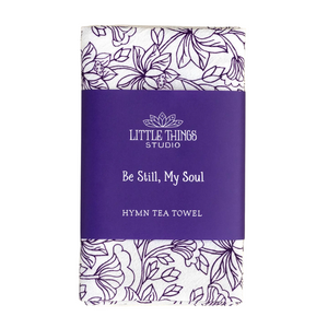 cotton kitchen towel floral design and hymn lyrics.