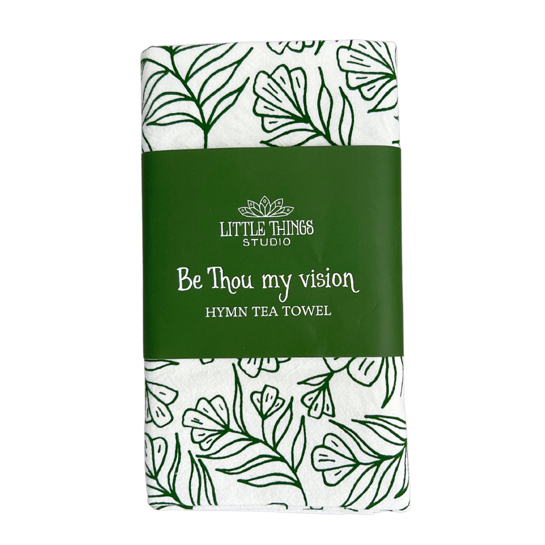 cotton kitchen towel floral design and hymn lyrics.