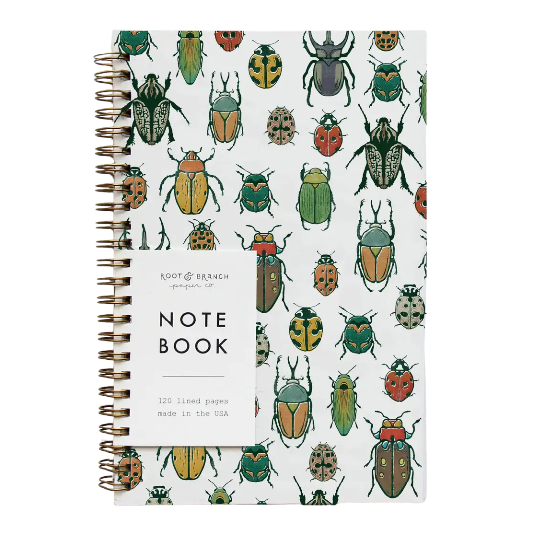 Beetles Spiral Bound Notebook, white. 