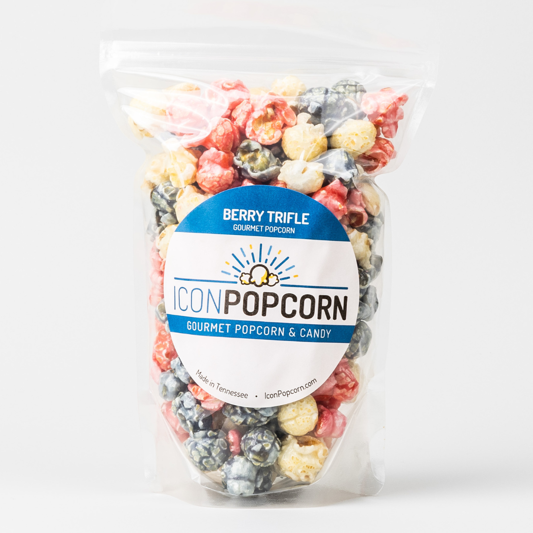 5 cup bag of candied strawberry, blueberry, and vanilla popcorn.