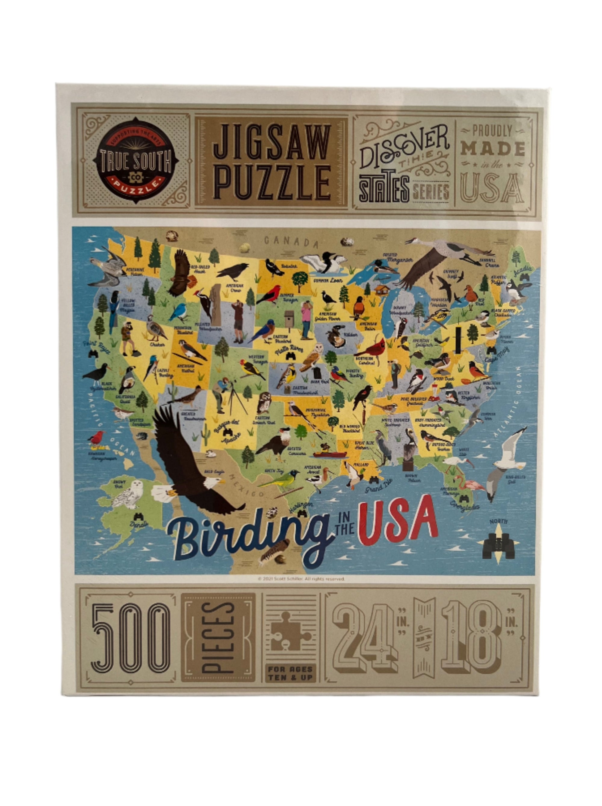 500 piece puzzle of birds across the USA. 