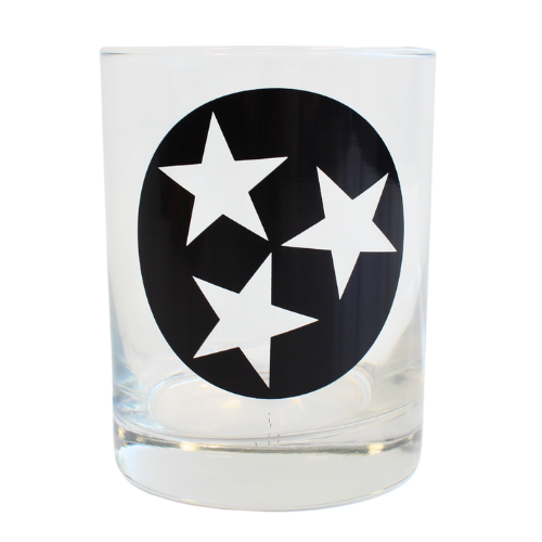 Old Fashioned glass with the Tennessee tristar logo in black on a clear glass. Perfect for a late night cocktail.