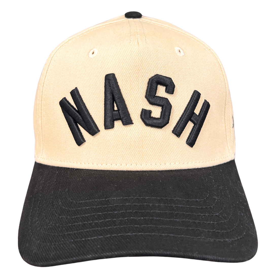Black and Cream hat with NASH embroidered in black. 