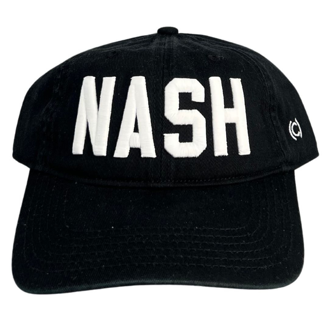 Black cotton hat with "NASH" embroidered in white.
