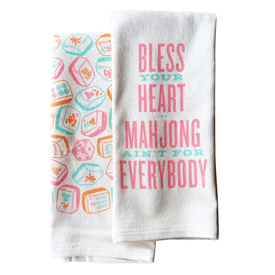 funny saying screen printed on cotton kitchen towel in pink and aqua with mahjong motif. 