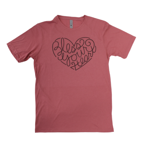 Pink shirt with "Bless Your Heart" screen printed in a heart. 