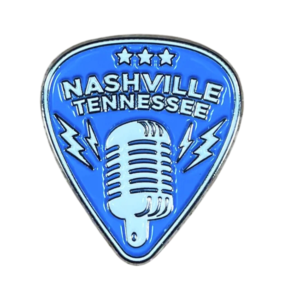 Blue Guitar Pick with Microphone Enamel Pin