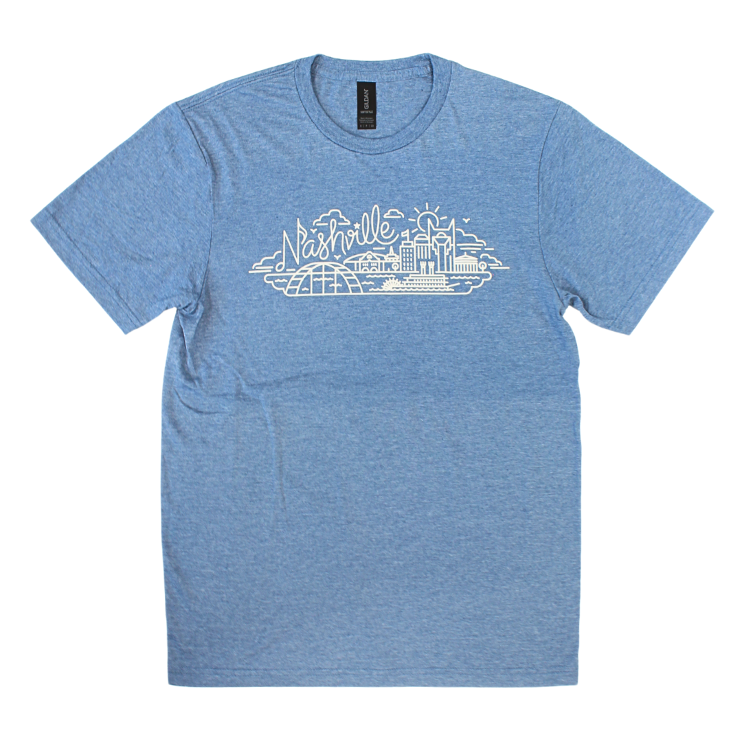 Blue Heathered Shirt with White Screen Printed Nashville Skyline design