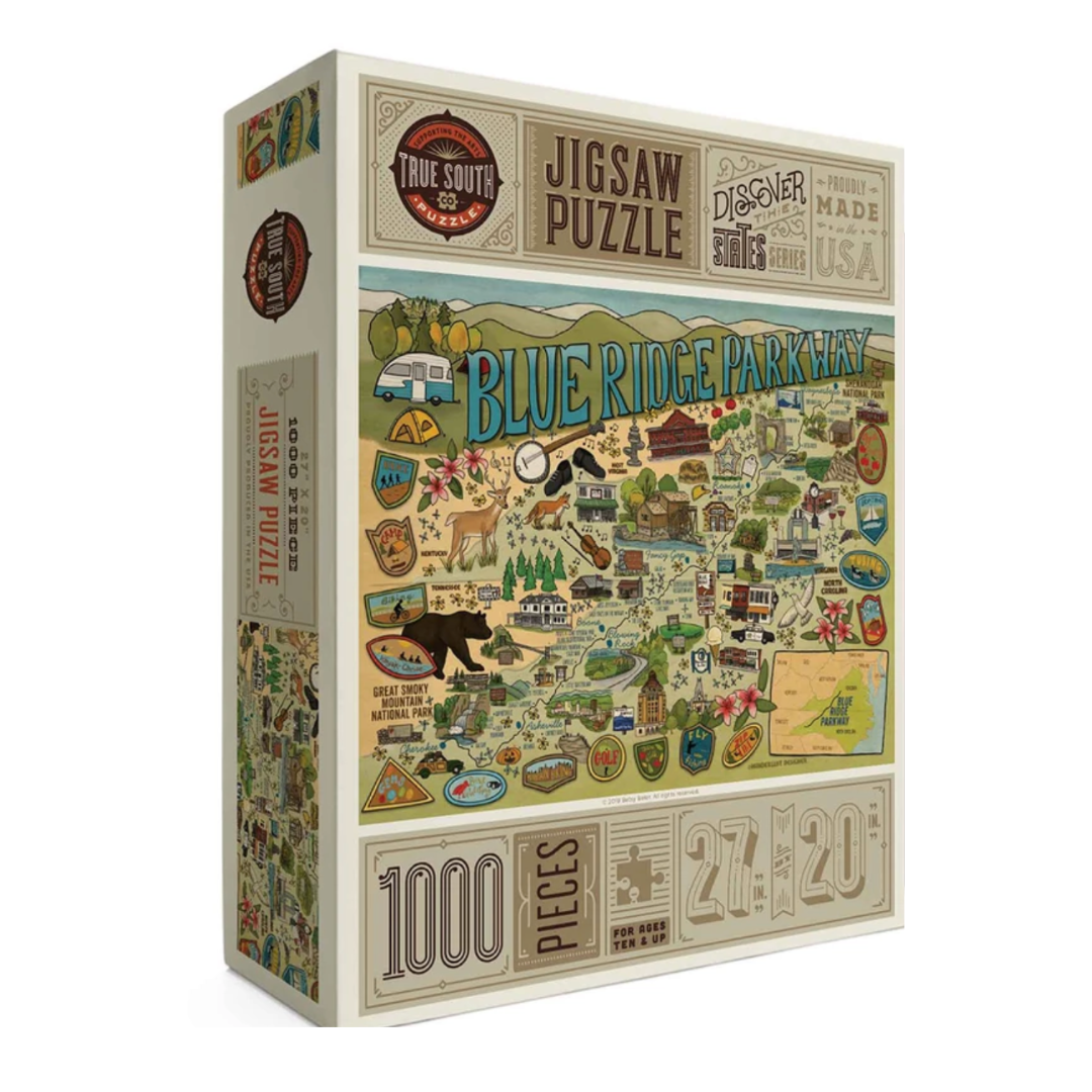 500 piece puzzle illustrated map of the Blue Ridge Parkway.