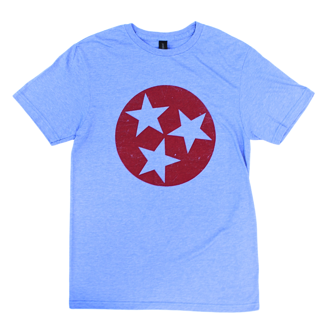 Heathered Blue shirt with red tristar emblem. 