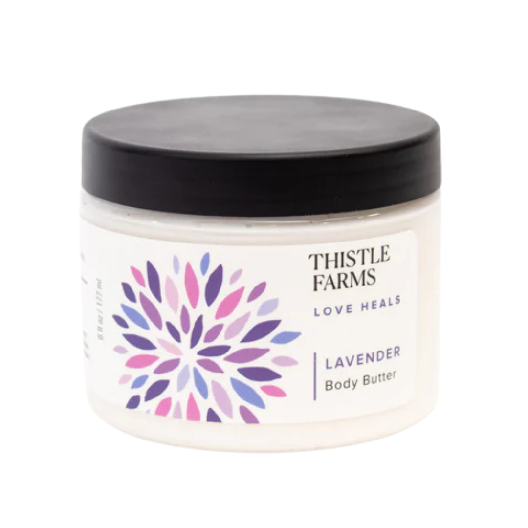 6 oz Thistle Farms Body Butter in Eucalyptus Mint, comes in plastic jar with lid. 