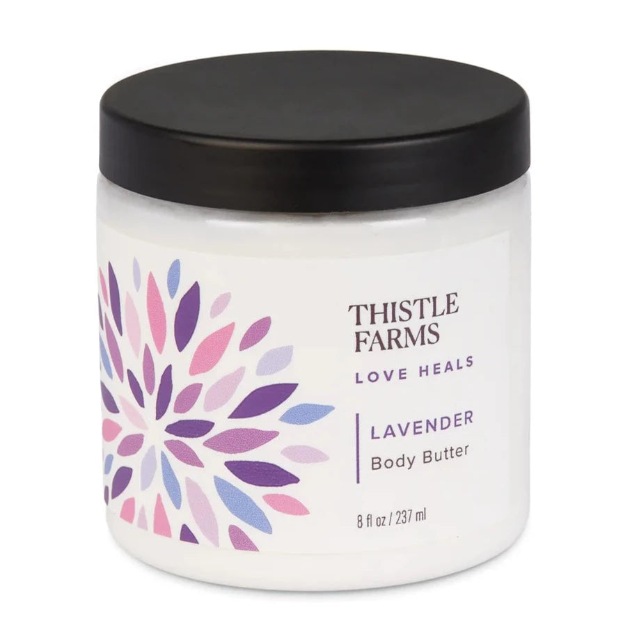 8 oz Thistle Farms Body Butter in Lavender, comes in plastic jar with lid. 