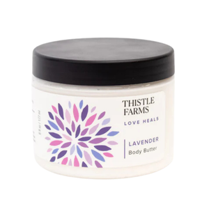6 oz Thistle Farms Body Butter in Eucalyptus Mint, comes in plastic jar with lid. 