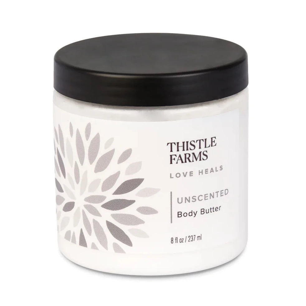 8 oz Thistle Farms Body Butter Fragrance Free, comes in plastic jar with lid. 