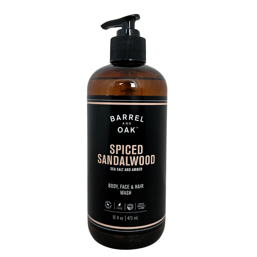 16 oz spiced sandalwood all in one body wash for men in pump bottle. 