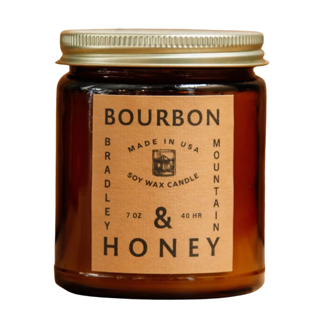 8 oz Bourbon and Honey soy wax candle, with notes of Honey, Bourbon, Clove, and Tobacco.