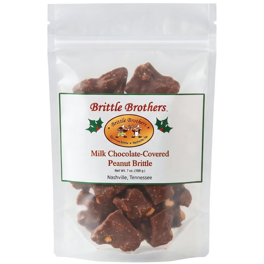 7 oz of Brittle Brother's Milk Chocolate-Covered Peanut Brittle. in resealable bag. 