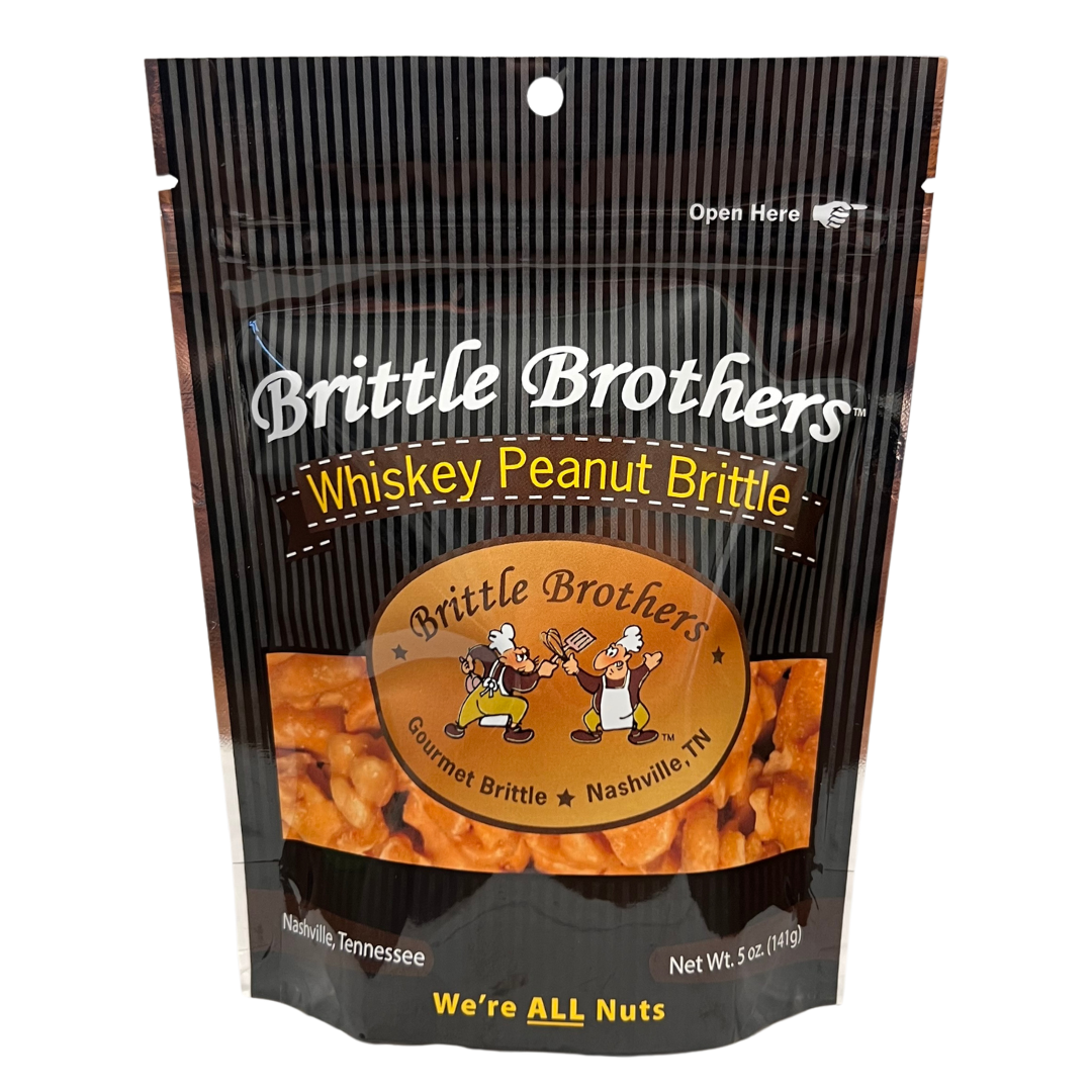 5oz bag of Brittle Brother's Whiskey Peanut Brittle in black resealable bag.