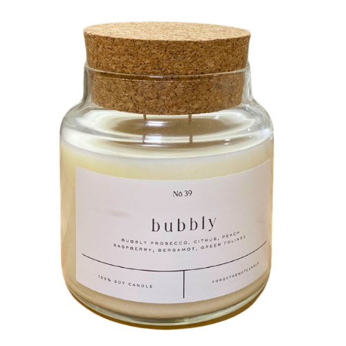 "Bubbly" candle, 100% soy wax, dual wick with cork lid. 