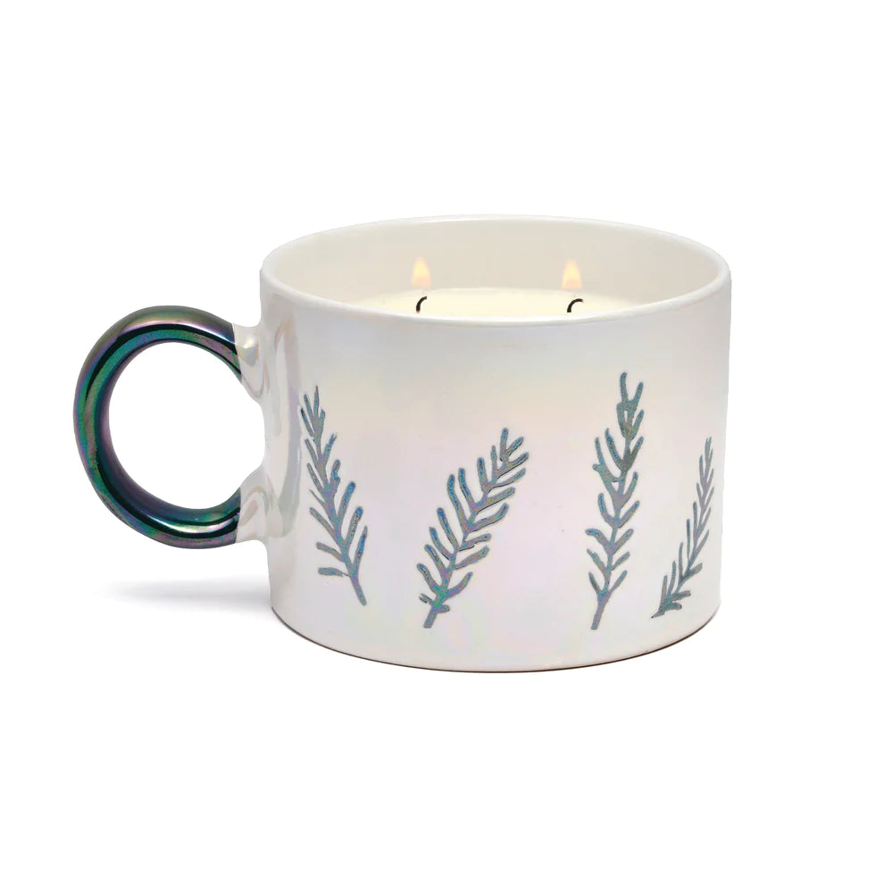 White Cypress Fir White Ceramic Green Handle Mug Candle