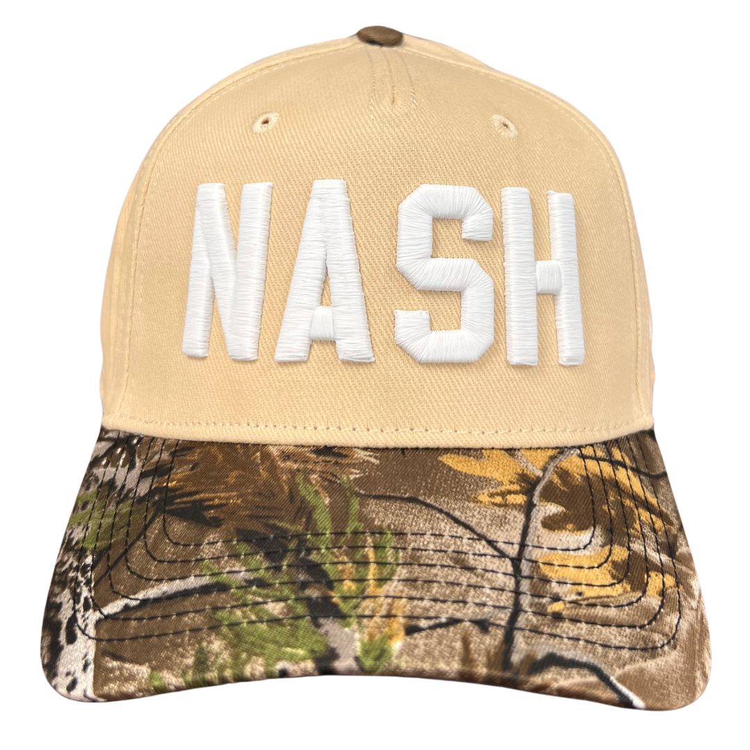 Camo and Cream hat with NASH embroidered in white.
