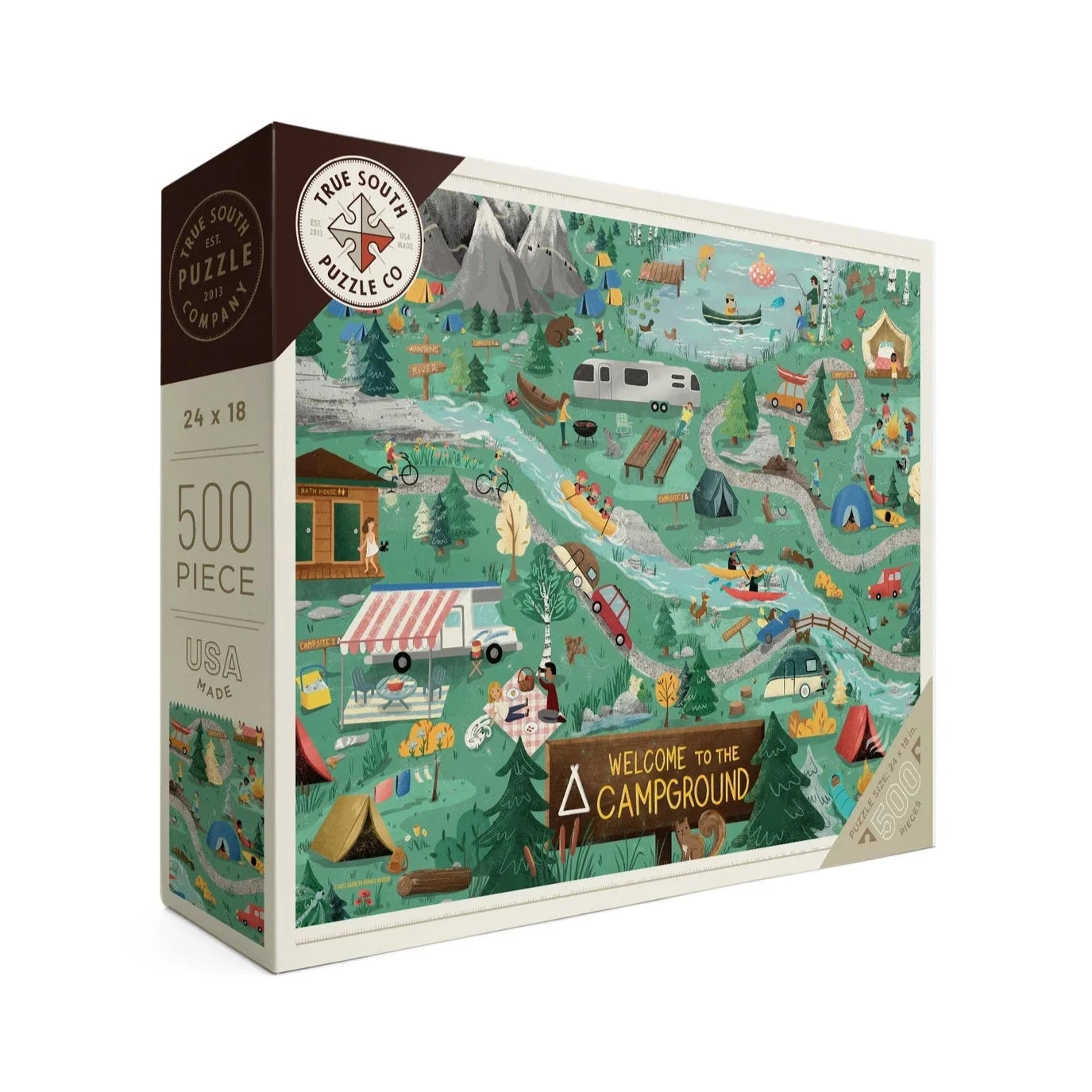 500 piece illustrated puzzle featuring camping activities.  