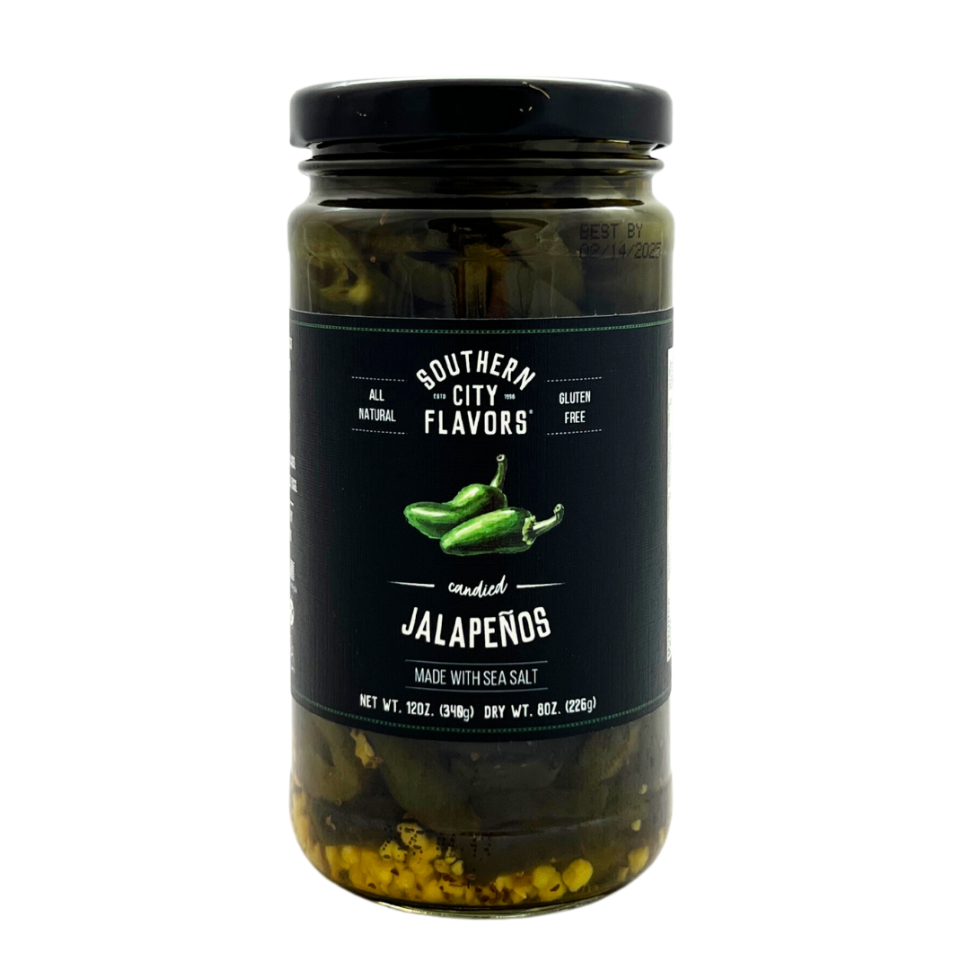 Glass jar of candied jalapeno slices. 