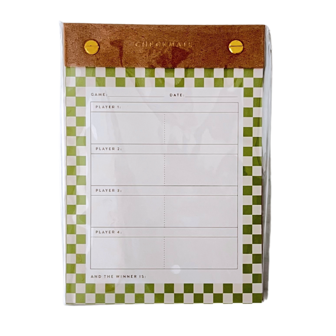 Game scorecard 4 players green and white check border post bound with brass screws faux leather  