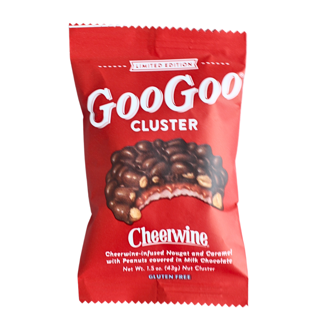 Limited Edition Cheerwine GooGoo Cluster in red packaging with illustration of the GooGoo. 