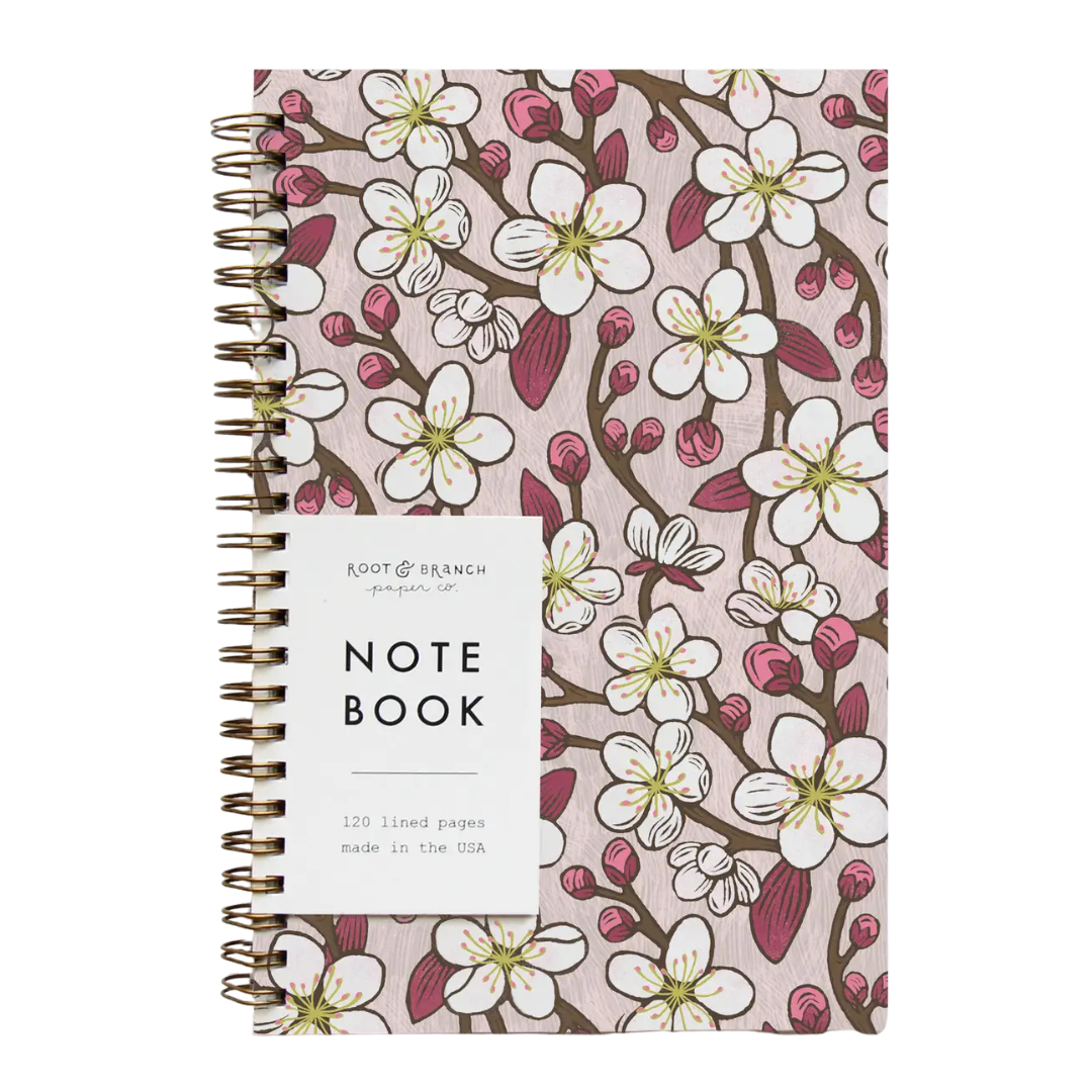 Cherry Blossom Spiral Bound Notebook, pink and white.