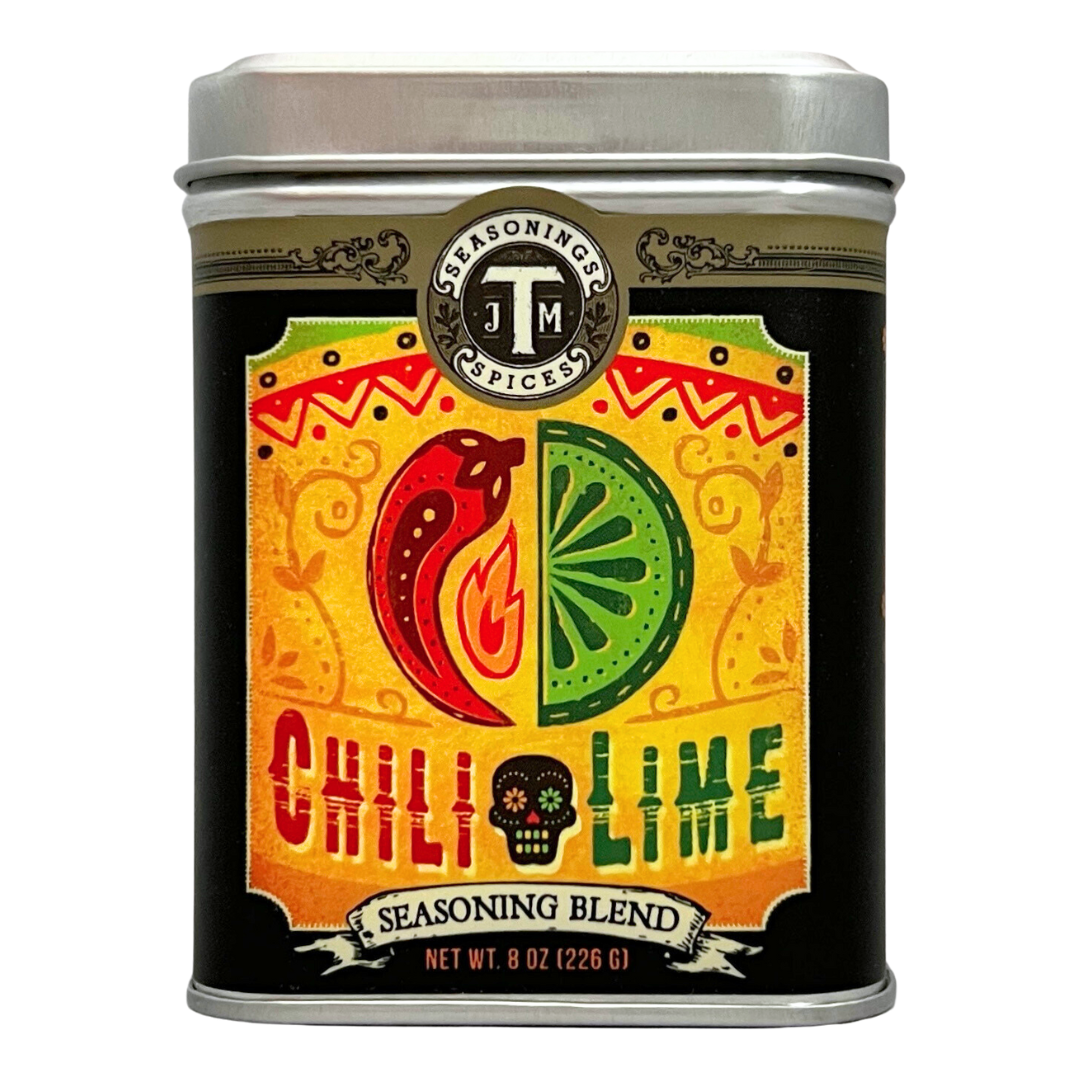 8 oz tin with removable lid. Keeps spices fresh. Chili Lime. 