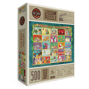 500 piece illustrated puzzle of Christmas Traditions.