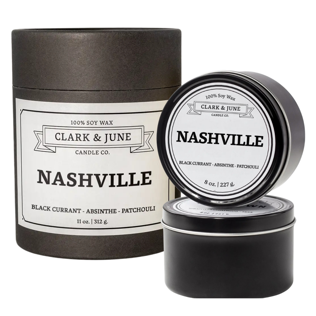"Nashville candle" Scent Black Currant, Absinthe, and Patchouli. Comes in 11 oz glass with gift box or 8 oz black tin.