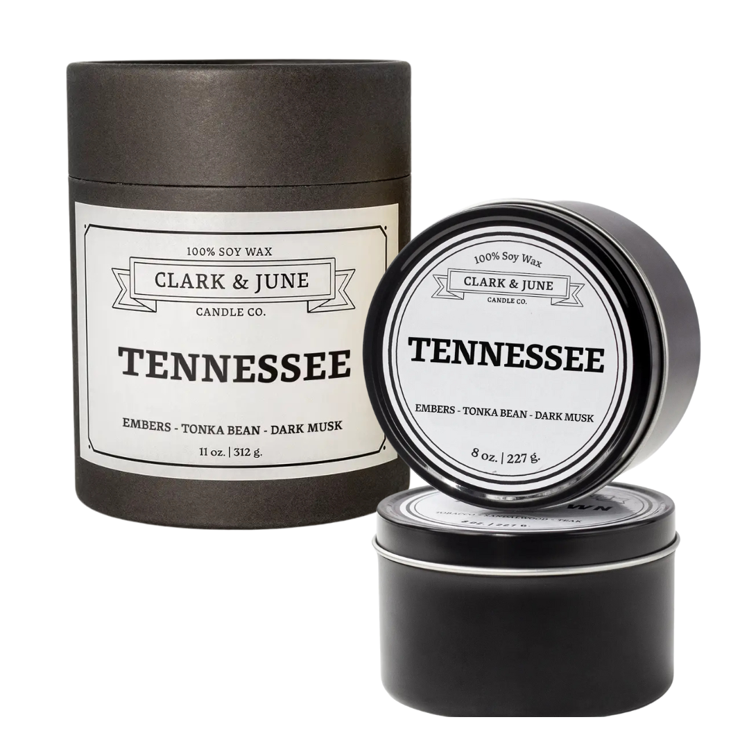 Tennessee candle, scent embers, tonka bean, and dark musk. in an 8oz travel tin or 11oz glass with gift box.