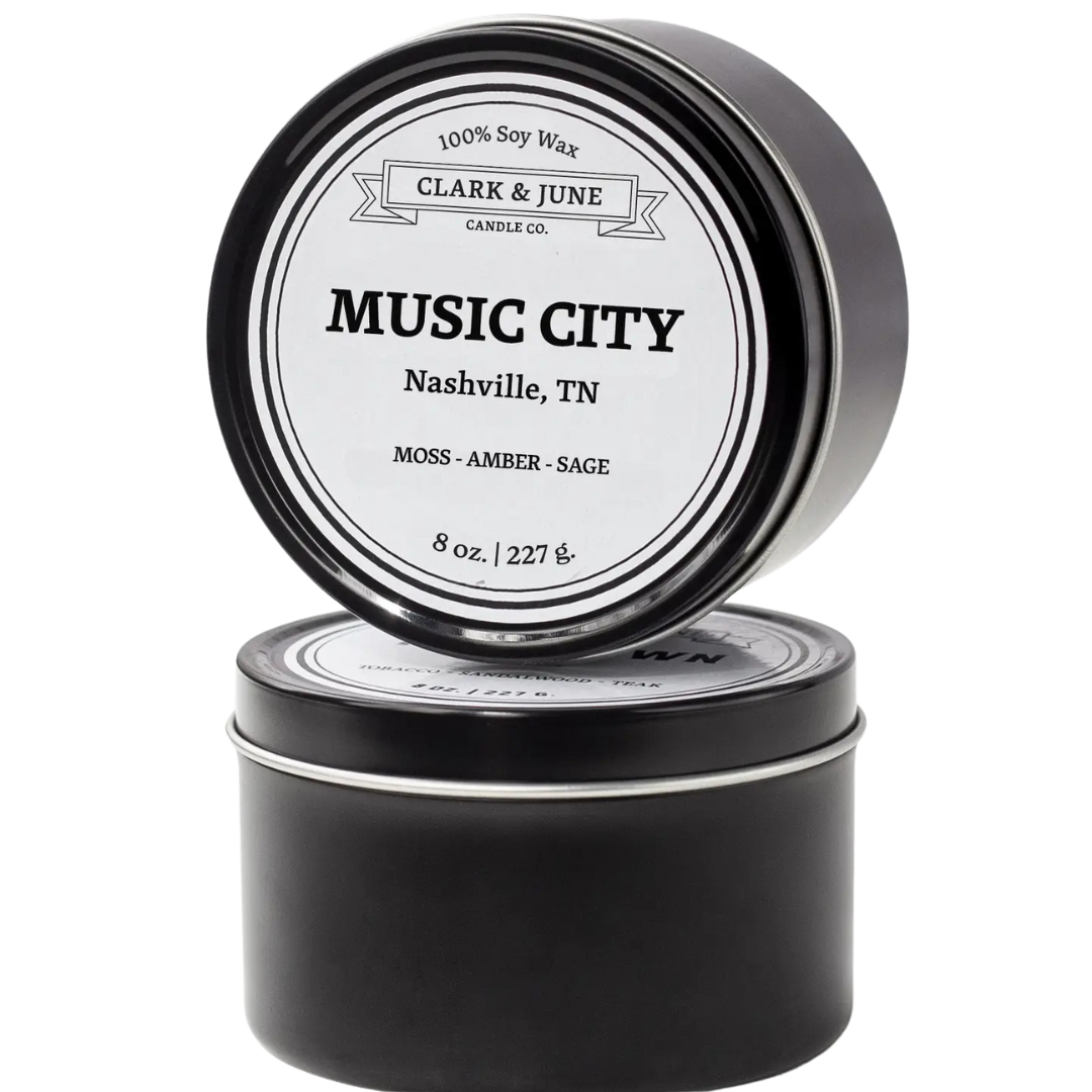 Music CIty 8oz travel candle with scents of moss, amber, and sage. From Clark & June Candle Company. Easy to travel with! Hand-poured in Nashville, Tennessee.