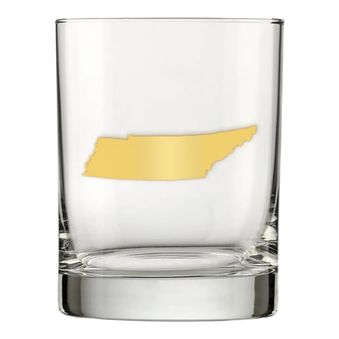 Tennessee Old Fashioned glass with a golden outline of the state. Perfect for a chill night with a drink. Clark & June Candle Company.