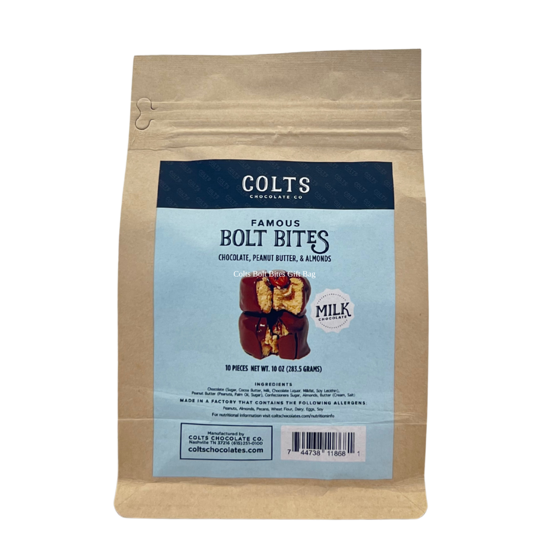 Bag of 10 milk chocolate Bolts Bites peanut butter, chocolate and almond. 