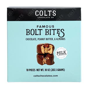 Light blue box of 10 milk chocolate Bolts Bites. 