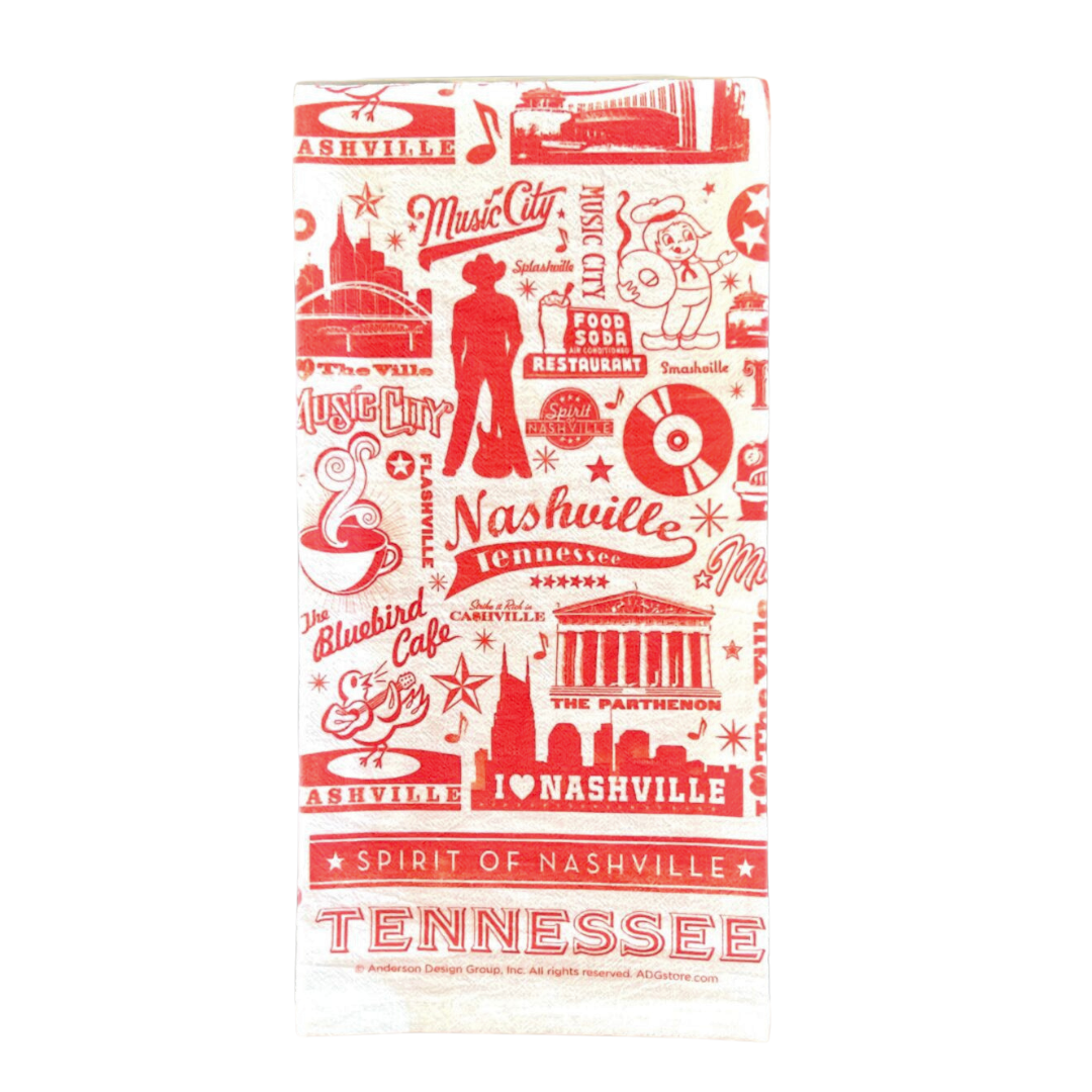 Flour Sack kitchen towel, with Nashville, TN iconic landmarks in symbols in red and white.  